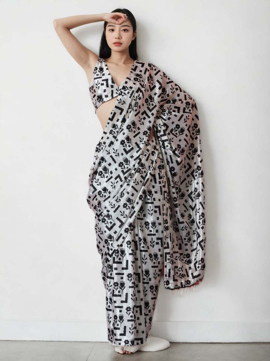 Black Chinon Digital Print with Lace Border Ready to Wear Saree