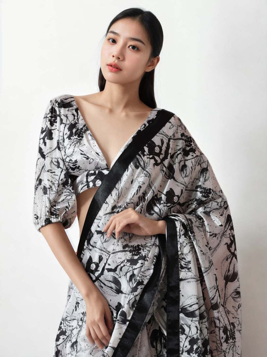 Black Chinon Digital Print with Lace Border Ready to Wear Saree