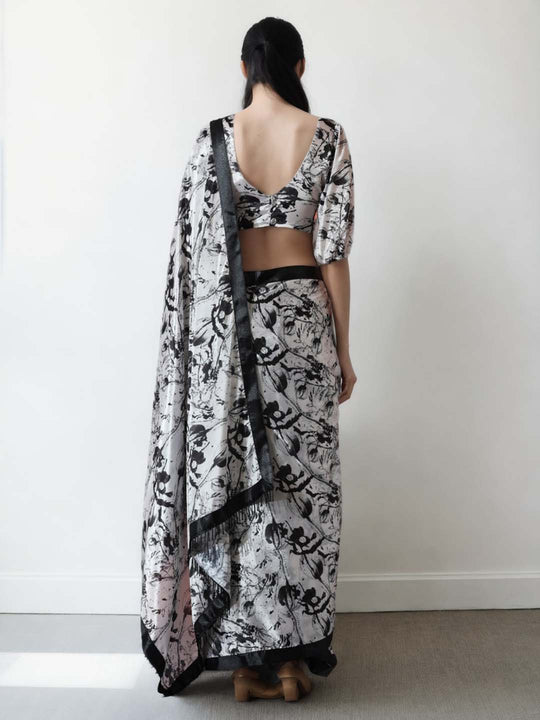 Black Chinon Digital Print with Lace Border Ready to Wear Saree