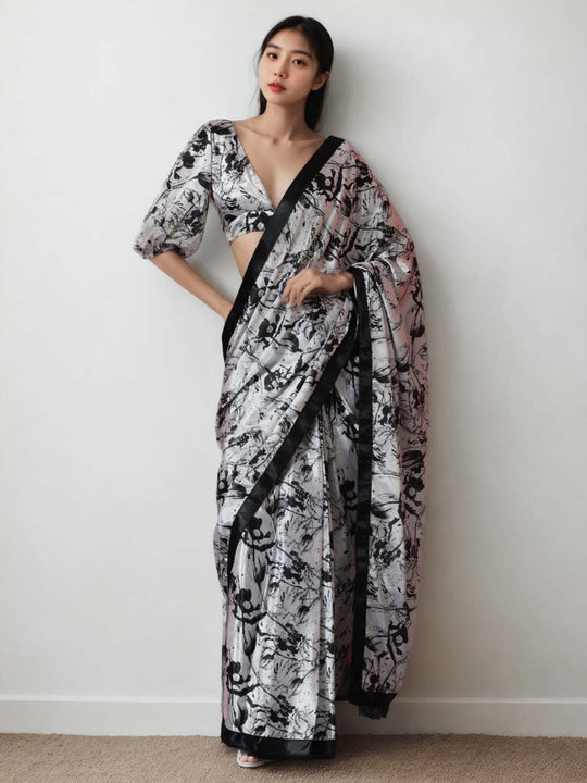 Black Chinon Digital Print with Lace Border Ready to Wear Saree