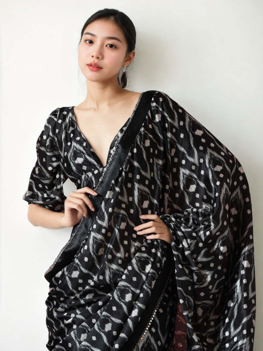 Black Chinon Digital Print with Lace Border Ready to Wear Saree