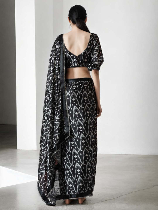 Black Chinon Digital Print with Lace Border Ready to Wear Saree