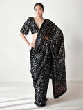 Black Chinon Digital Print with Lace Border Ready to Wear Saree