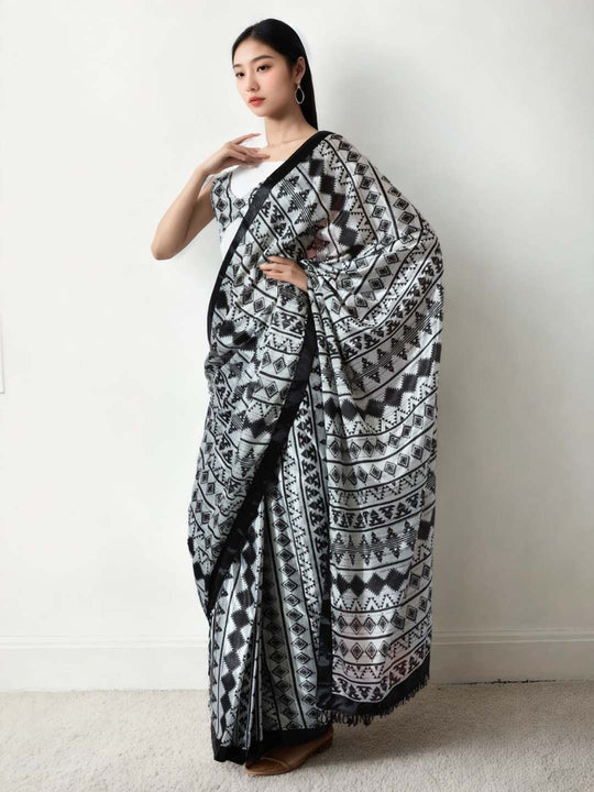 Black Chinon Digital Print with Lace Border Ready to Wear Saree
