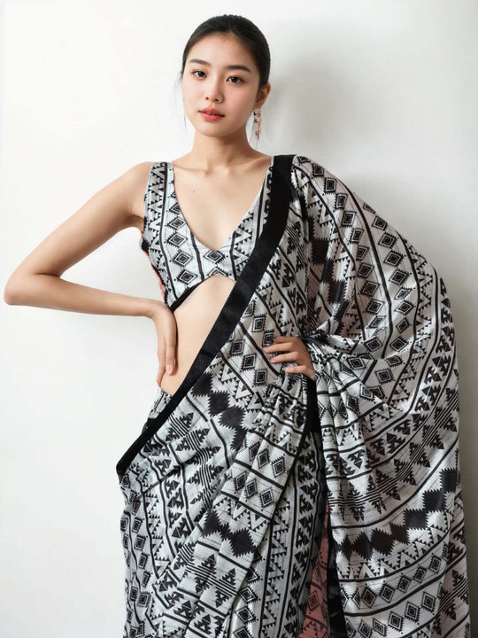 Black Chinon Digital Print with Lace Border Ready to Wear Saree