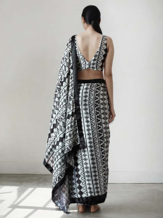 Black Chinon Digital Print with Lace Border Ready to Wear Saree