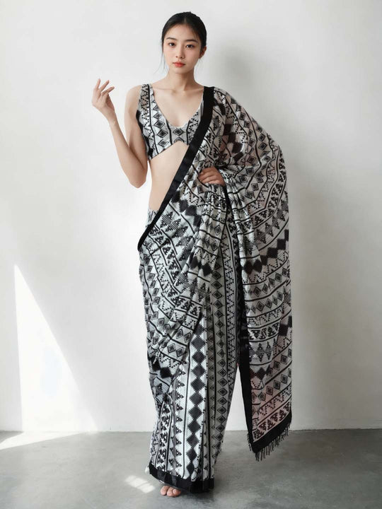 Black Chinon Digital Print with Lace Border Ready to Wear Saree