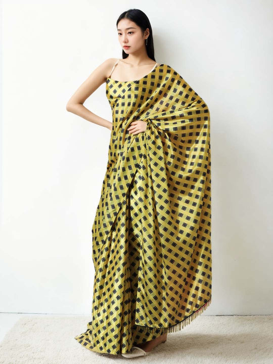 Mehendi Chinon Digital Print with Lace Border Ready to Wear Saree