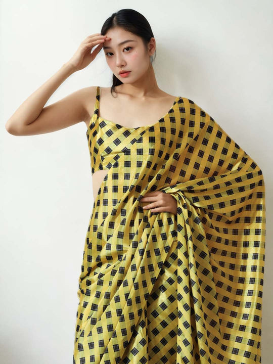 Mehendi Chinon Digital Print with Lace Border Ready to Wear Saree