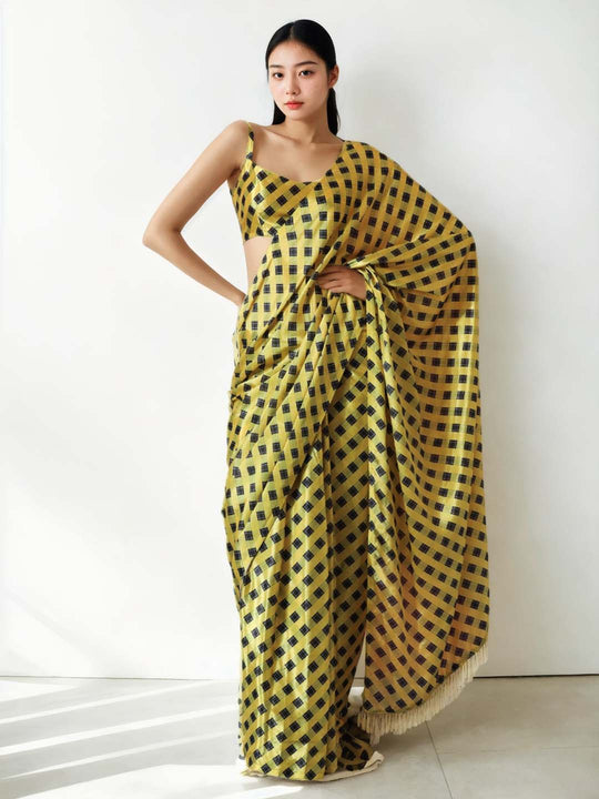 Mehendi Chinon Digital Print with Lace Border Ready to Wear Saree