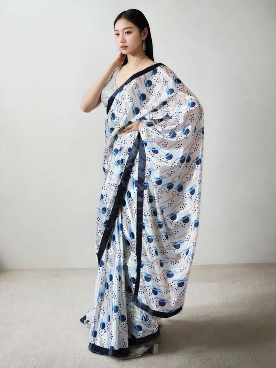 Multicolor Chinon Digital Print with Lace Border Ready to Wear Saree