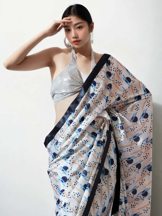 Multicolor Chinon Digital Print with Lace Border Ready to Wear Saree