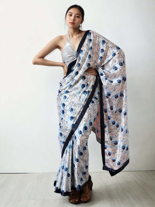 Multicolor Chinon Digital Print with Lace Border Ready to Wear Saree