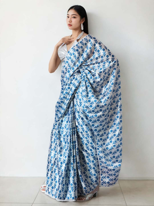 Sky Blue Chinon Digital Print with Lace Border Ready to Wear Saree