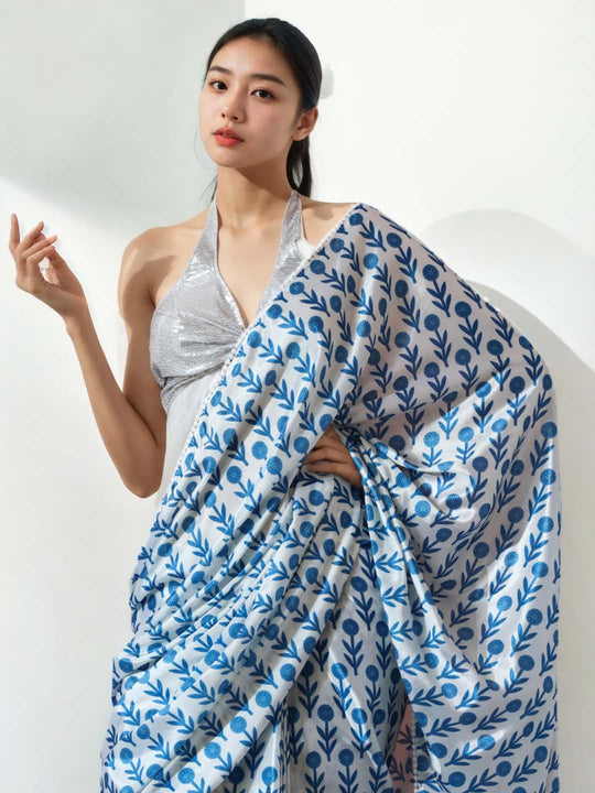 Sky Blue Chinon Digital Print with Lace Border Ready to Wear Saree