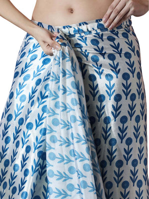 Sky Blue Chinon Digital Print with Lace Border Ready to Wear Saree