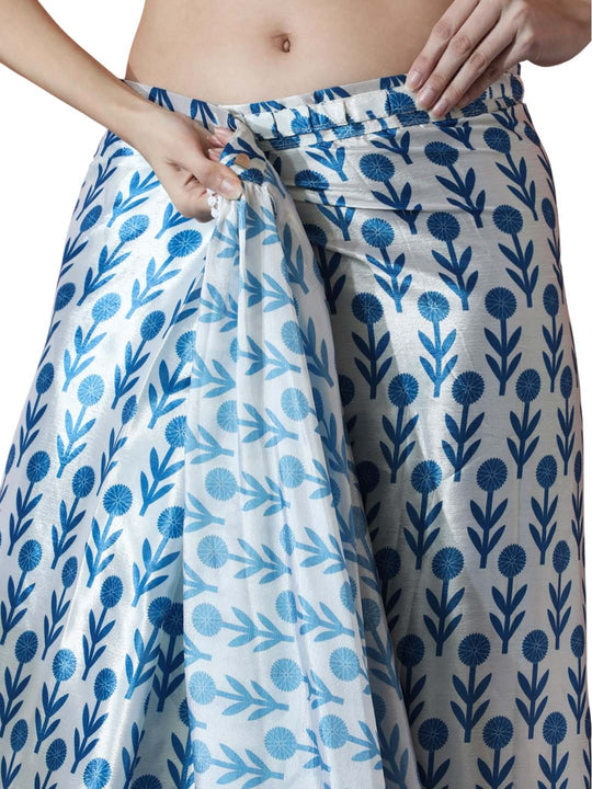 Sky Blue Chinon Digital Print with Lace Border Ready to Wear Saree