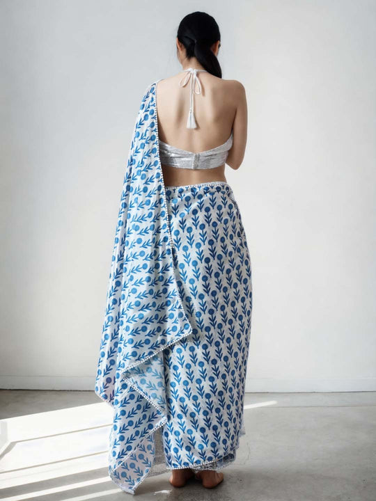 Sky Blue Chinon Digital Print with Lace Border Ready to Wear Saree