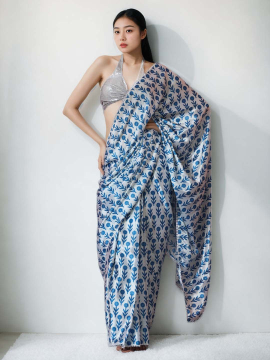 Sky Blue Chinon Digital Print with Lace Border Ready to Wear Saree