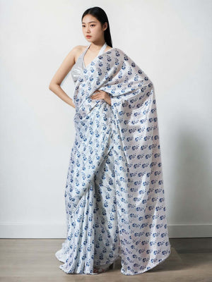 Blue Chinon Digital Print with Lace Border Ready to Wear Saree