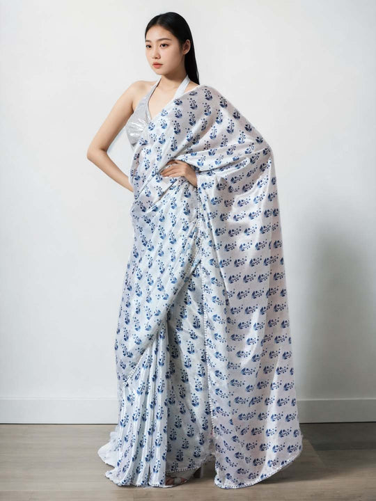 Blue Chinon Digital Print with Lace Border Ready to Wear Saree