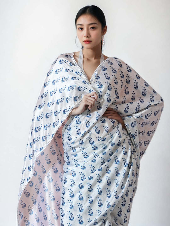 Blue Chinon Digital Print with Lace Border Ready to Wear Saree