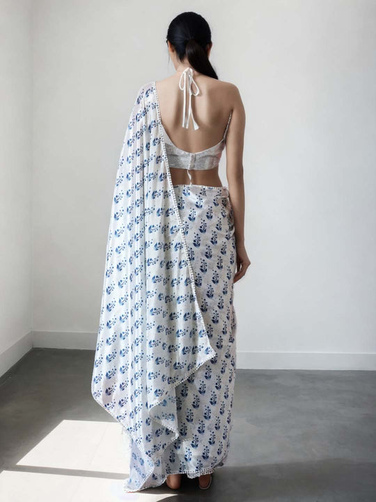 Blue Chinon Digital Print with Lace Border Ready to Wear Saree