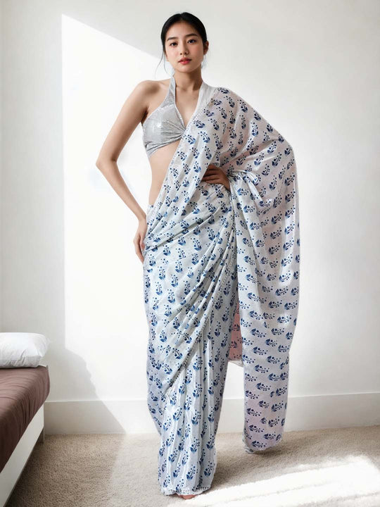 Blue Chinon Digital Print with Lace Border Ready to Wear Saree