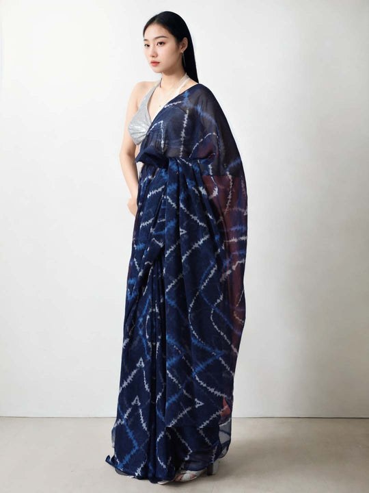 Dark Blue Marble Chiffon Printed Ready to Wear Saree