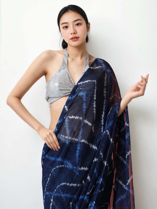 Dark Blue Marble Chiffon Printed Ready to Wear Saree