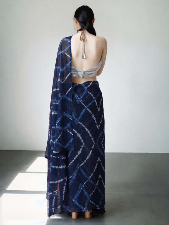 Dark Blue Marble Chiffon Printed Ready to Wear Saree
