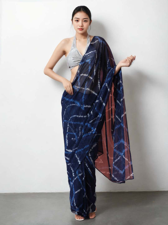 Dark Blue Marble Chiffon Printed Ready to Wear Saree