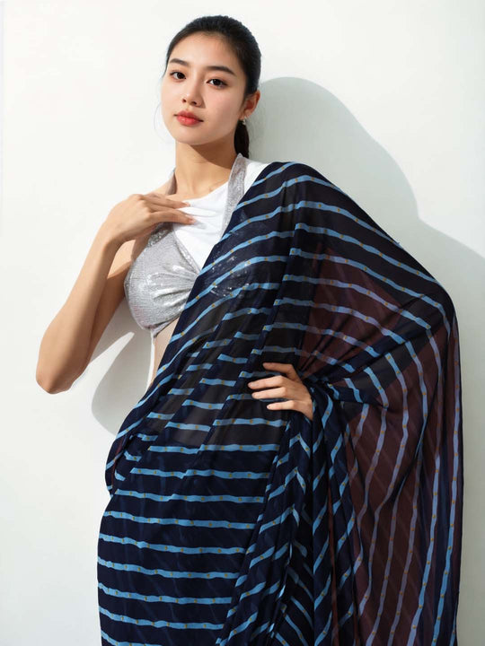 Dark Blue Marble Chiffon Printed Ready to Wear Saree