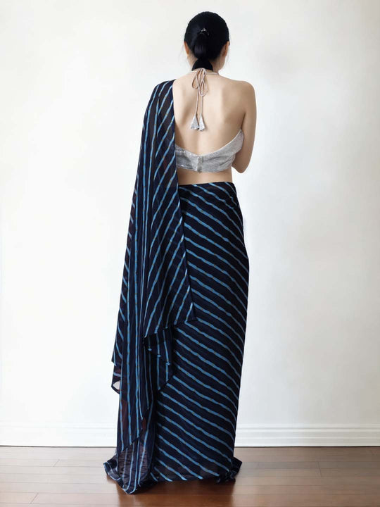 Dark Blue Marble Chiffon Printed Ready to Wear Saree