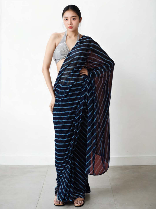 Dark Blue Marble Chiffon Printed Ready to Wear Saree