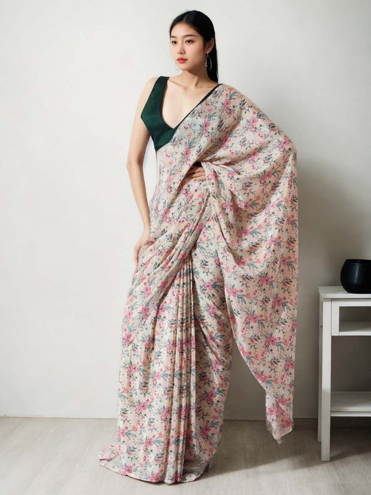 Multicolor Chinon Digital Print with Lace Border Ready to Wear Saree