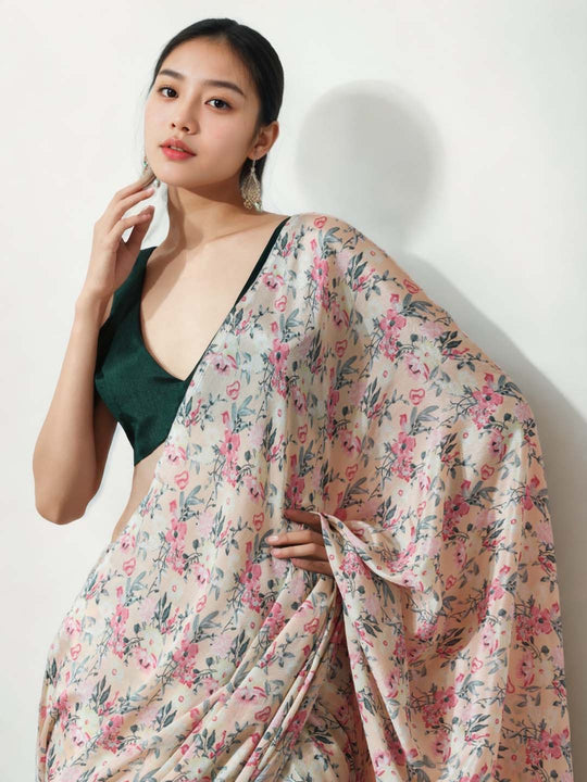 Multicolor Chinon Digital Print with Lace Border Ready to Wear Saree