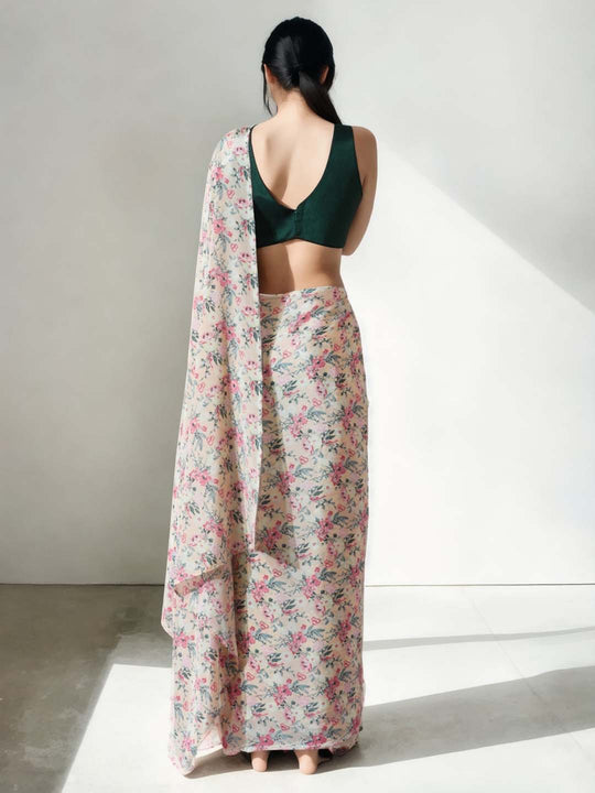 Multicolor Chinon Digital Print with Lace Border Ready to Wear Saree