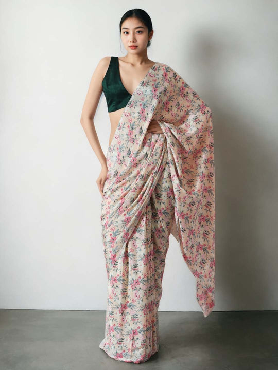 Multicolor Chinon Digital Print with Lace Border Ready to Wear Saree