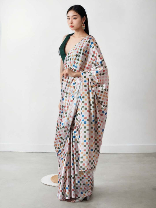 Multicolor Chinon Digital Print with Lace Border Ready to Wear Saree