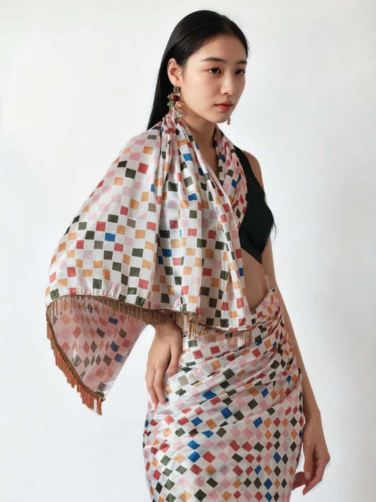 Multicolor Chinon Digital Print with Lace Border Ready to Wear Saree