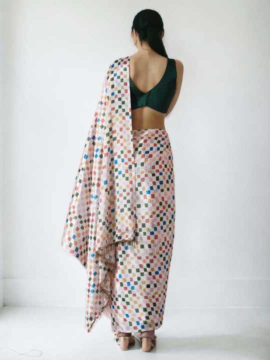 Multicolor Chinon Digital Print with Lace Border Ready to Wear Saree