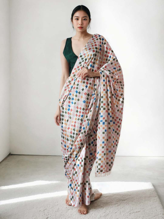 Multicolor Chinon Digital Print with Lace Border Ready to Wear Saree