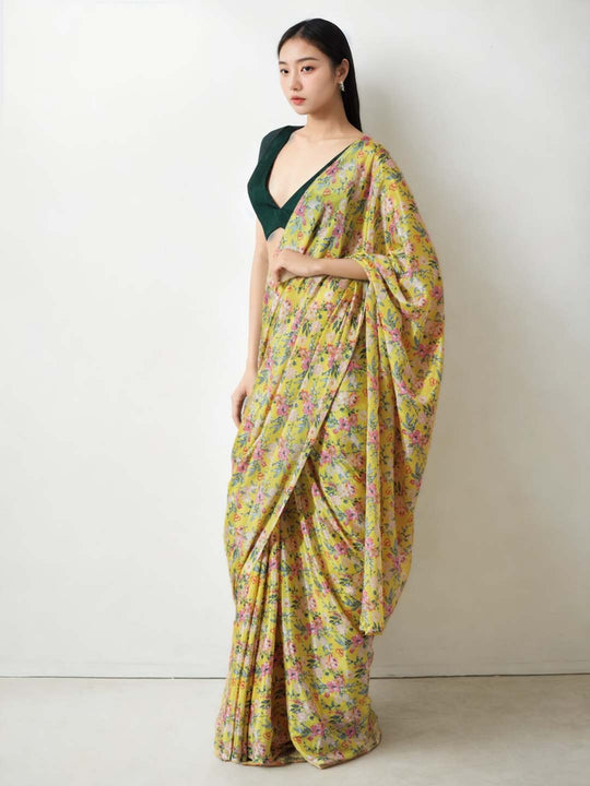 Mehendi Chinon Digital Print with Lace Border Ready to Wear Saree