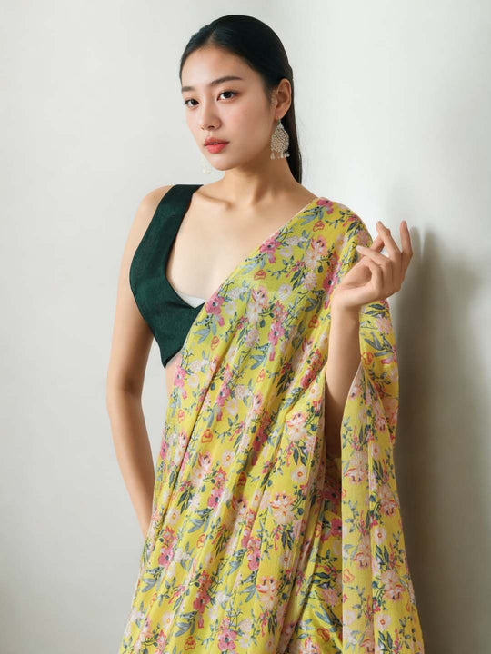 Mehendi Chinon Digital Print with Lace Border Ready to Wear Saree