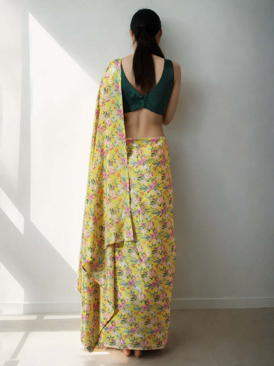 Mehendi Chinon Digital Print with Lace Border Ready to Wear Saree