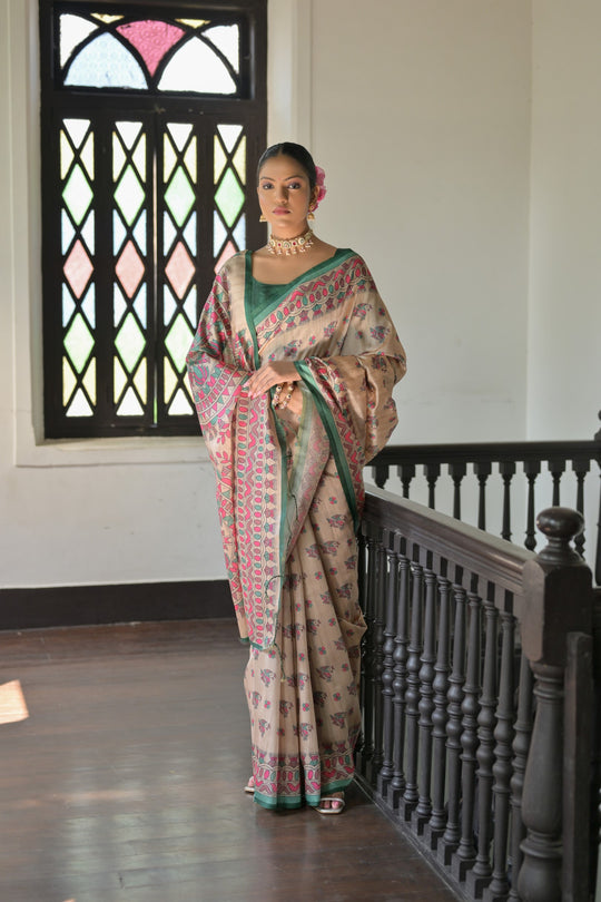 Green Soft Tussar Silk Printed Designer Saree with Blouse