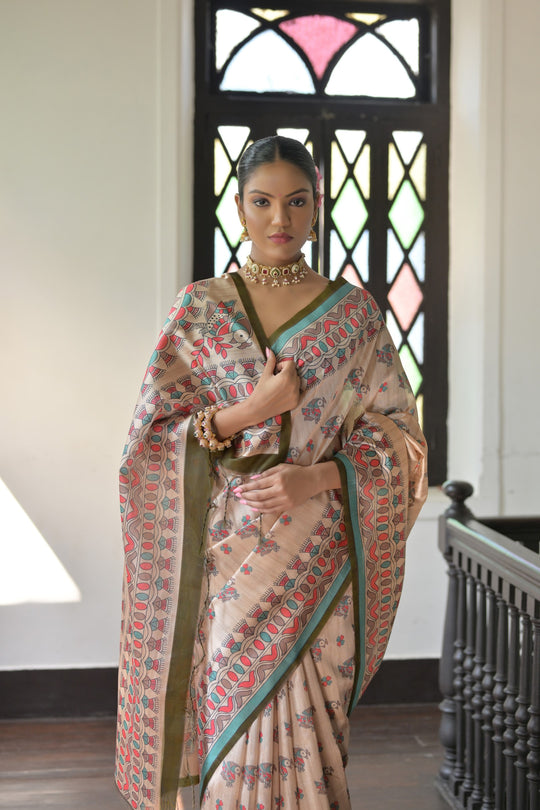 Mehendi Soft Tussar Silk Printed Designer Saree with Blouse