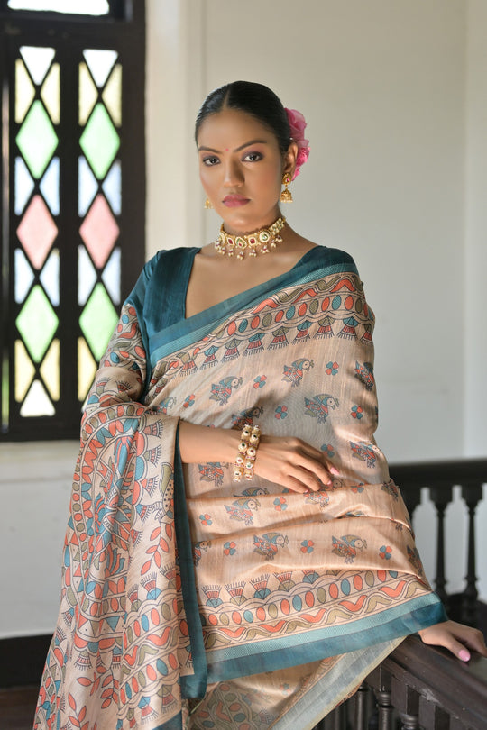 Rama Soft Tussar Silk Printed Designer Saree with Blouse