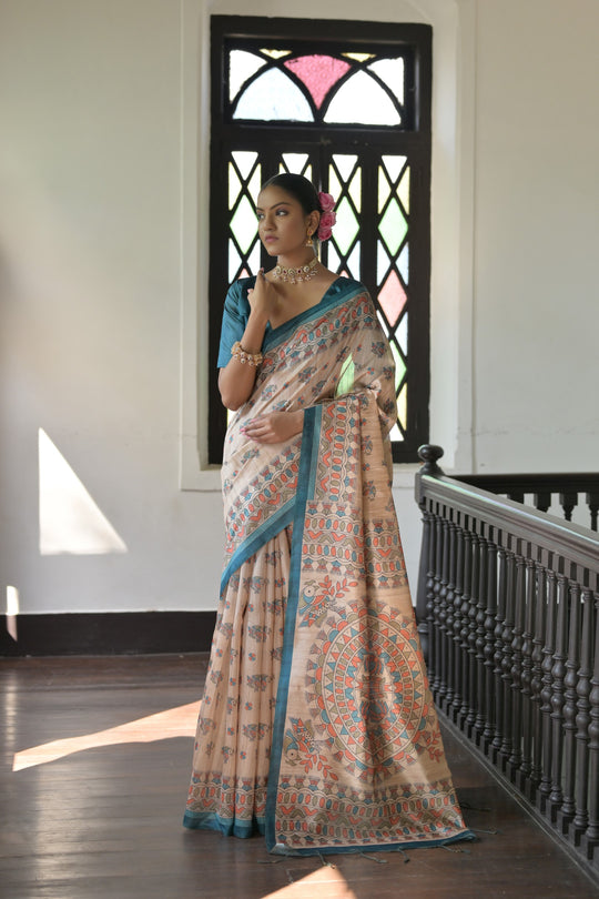 Rama Soft Tussar Silk Printed Designer Saree with Blouse